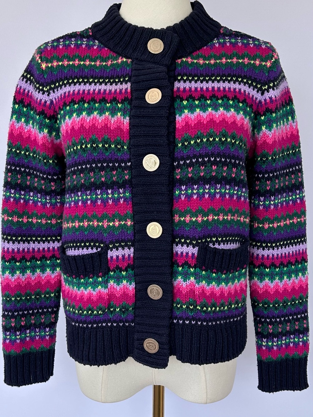 Talbots Petites Women’s Mockneck Sweater Jacket in Cadet Fair Isle Small Petite